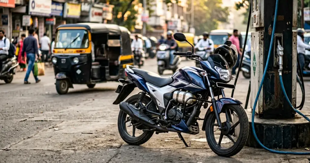 CNG-পেট্রোল স্টেশনে নেভি-ব্লু ১২৫cc কম্যুটার মোটরসাইকেল পার্ক, ডুয়াল ফুয়েল ট্যাঙ্ক, ভারতীয় শহরের সকালের রাশ আওয়ার, Bajaj Freedom 125 CNG বিশ্বের প্রথম বাইক ১০২ kmpkg মাইলেজ ২০২৬