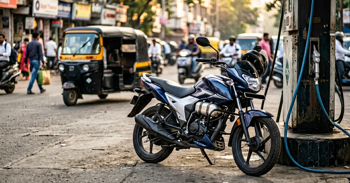 CNG-পেট্রোল স্টেশনে নেভি-ব্লু ও সিলভার পেইন্ট স্কিমের সপোর্টি ১২৫cc কম্যুটার মোটরসাইকেল পার্ক করা, ডুয়াল রেক্টাঙ্গুলার আন্ডারসিট ফুয়েল ট্যাঙ্ক, LED হেডল্যাম্প, পটভূমিতে ভারতীয় শহরের সকালের রাশ আওয়ার, Bajaj Freedom 125 CNG বিশ্বের প্রথম CNG বাইক ১০২ kmpkg মাইলেজ ২০২৬