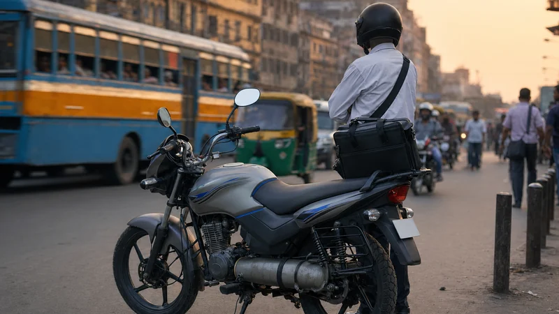 Freedom 125 CNG বাইকে অফিসগামী মধ্যবিত্ত পুরুষ যাত্রী, ব্যাকপ্যাক বহনকারী, কলকাতার ব্যস্ত শহরের রাস্তায় বাস ও অটোর মধ্যে দাঁড়িয়ে