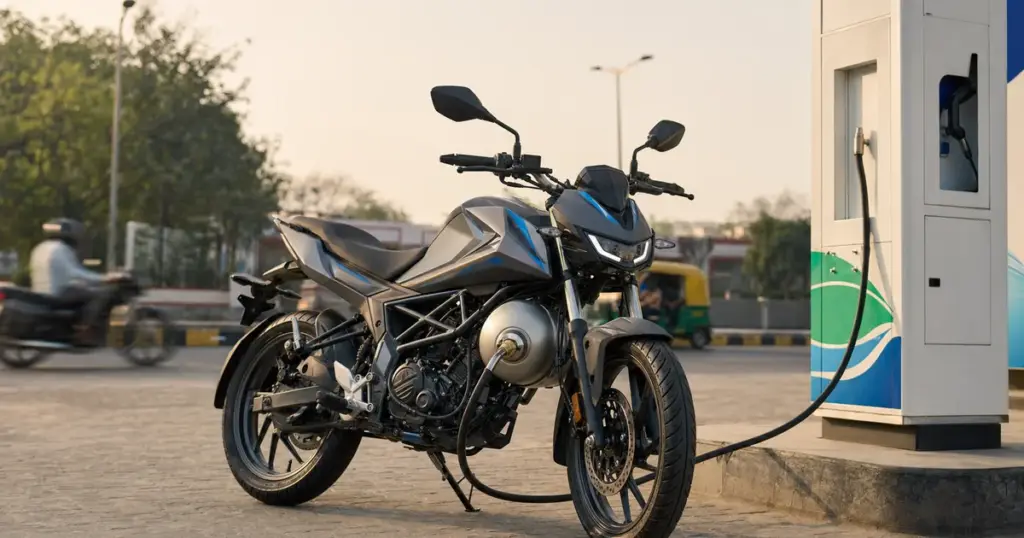 Bajaj Freedom 125 CNG — পেট্রোল-পাম্পের পাশে CNG পাম্পে বাইক রিফিলিং, ভোরবেলার আলোয় ভারতীয় উপশহরের রাস্তা