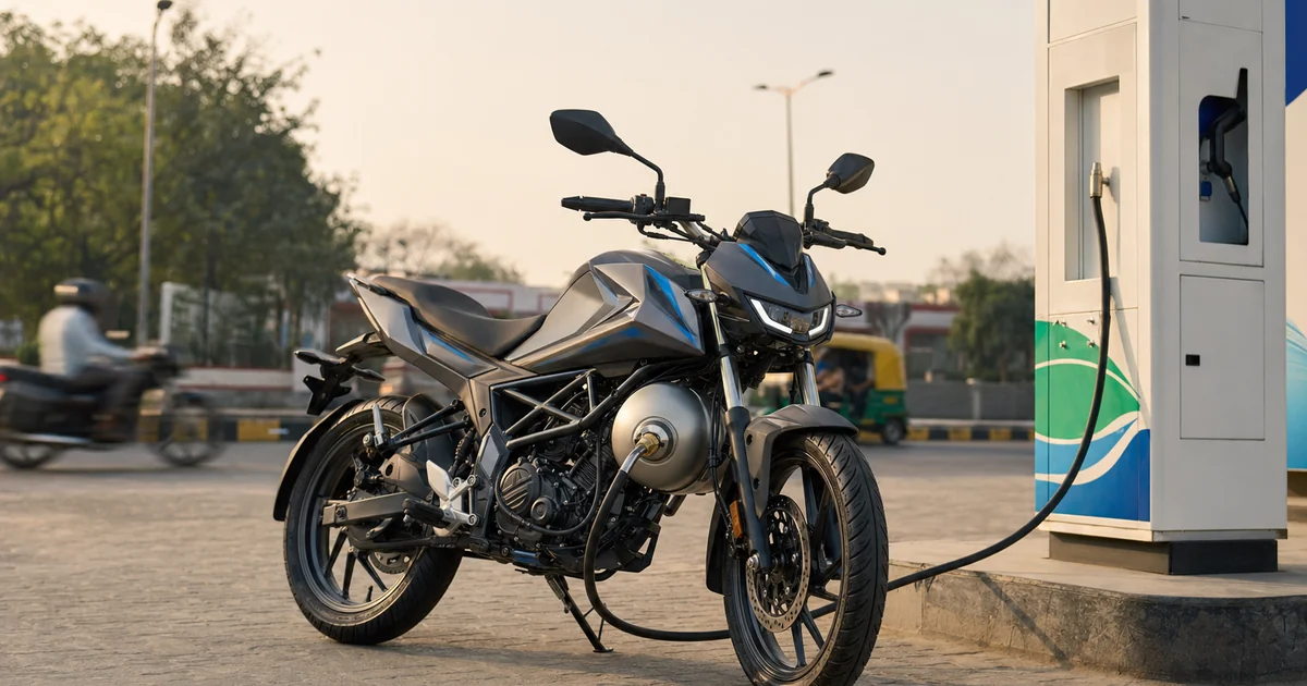 Bajaj Freedom 125 CNG — পেট্রোল-পাম্পের পাশে CNG পাম্পে বাইক রিফিলিং, ভোরবেলার আলোয় ভারতীয় উপশহরের রাস্তা