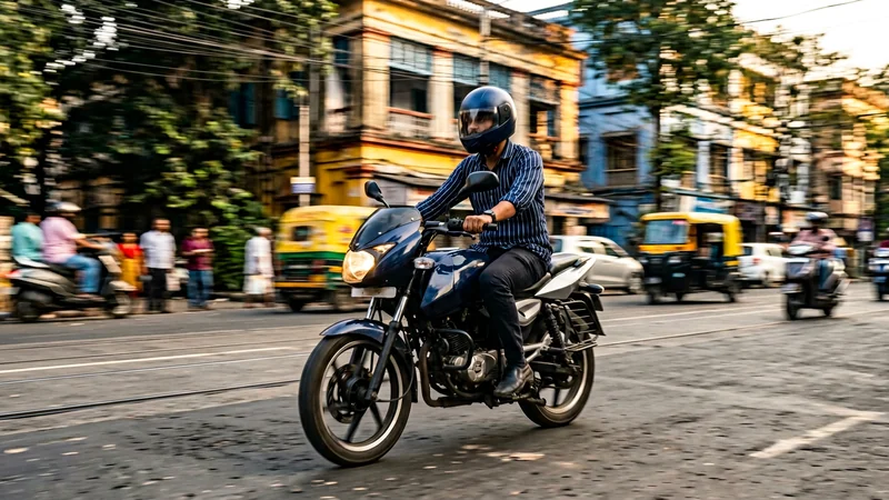 ভারতীয় কম্যুটার (হেলমেট পরে) সকালের কলকাতা শহরের রাস্তায় নেভি-ব্লু সপোর্টি ১২৫cc মোটরসাইকেল চালাচ্ছেন, পটভূমিতে ঝাপসা গাছ, পুরনো হলুদ-নীল বাড়ি ও অটোরিকশা, সোনালী সকালের আলো, Bajaj Freedom 125 CNG কম্যুটার বাইক ২০২৬