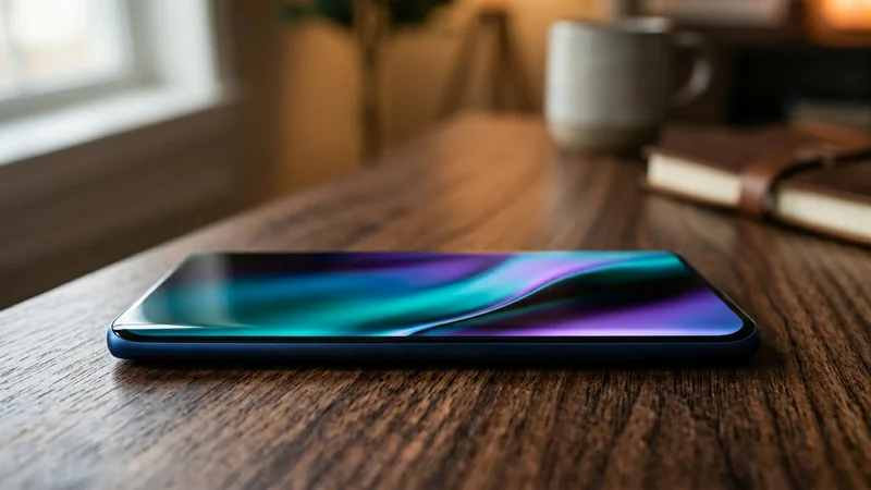 ডিপ নেভি ব্লু রঙের 5G স্মার্টফোনের 3D কার্ভড AMOLED ডিসপ্লেতে ভাইব্রেন্ট টিল-পার্পল গ্র্যাডিয়েন্ট, কাঠের টেবিলে শুয়ে — পেছনে কফি মগ ও বই