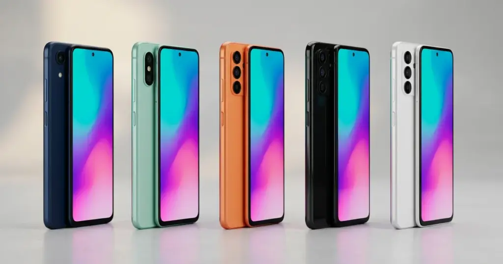 পাঁচটি ভিন্ন রঙের 5G স্মার্টফোন (নেভি, মিন্ট, অরেঞ্জ, কালো, সাদা) পাশাপাশি — ভারতে ২০ হাজার টাকার নিচে সেরা ৫টি 5G ফোন