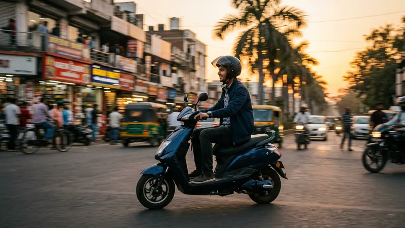 ভারতীয় শহরে সূর্যাস্তে হেলমেট পরা যাত্রী ই-স্কুটারে অফিস যাচ্ছেন, বাজেট ই-স্কুটার দৈনিক যাতায়াত