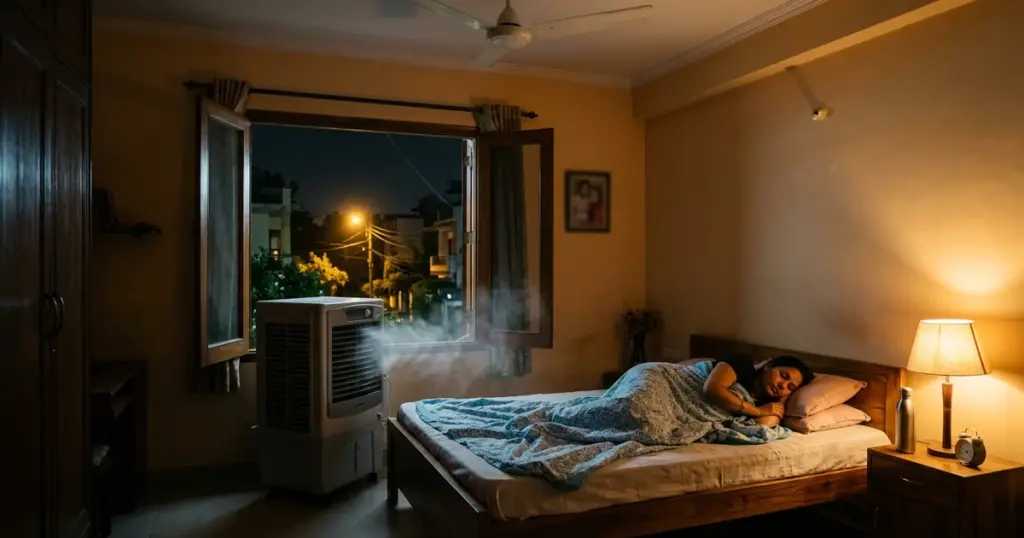 রাতে এয়ার কুলার চালিয়ে ঘুমাচ্ছেন এক ব্যক্তি — জানালা সামান্য খোলা, কুলার থেকে কুয়াশার মতো ঠান্ডা হাওয়া বের হচ্ছে, ভারতীয় শোয়ার ঘর