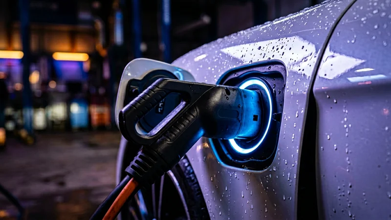 ইলেকট্রিক গাড়ির CCS2 চার্জিং পোর্ট ক্লোজ-আপ, ফাস্ট DC চার্জিং কেবল ও LED রিং