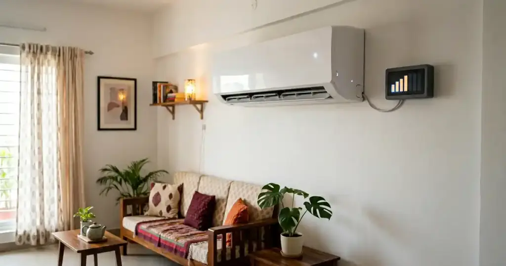 ভারতীয় ঘরে দেয়ালে লাগানো সাদা স্প্লিট এসি এবং পাশে এনার্জি মিটার ডিসপ্লে