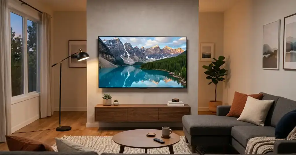 ৬৫ ইঞ্চি 4K Smart TV আধুনিক লিভিং রুমের দেওয়ালে প্রকৃতির দৃশ্য দেখাচ্ছে