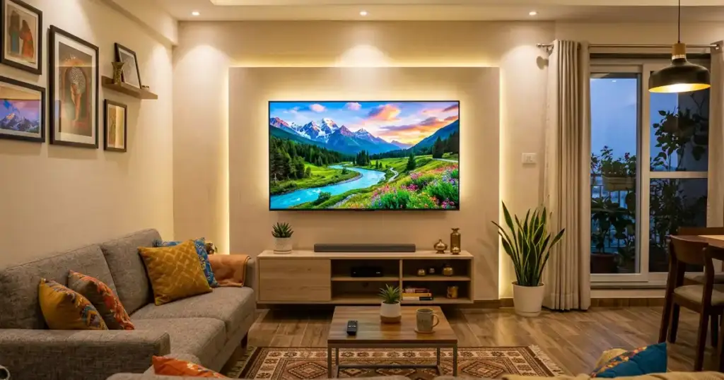 ভারতীয় লিভিং রুমে দেয়ালে লাগানো বড় 4K Smart TV পাহাড়ের HDR দৃশ্য দেখাচ্ছে