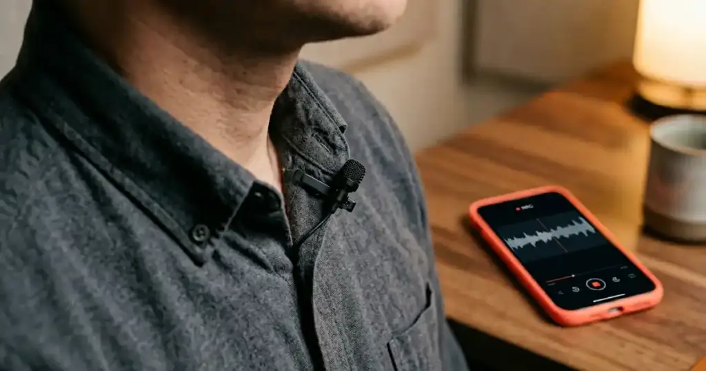 DJI Mic Mini 2 ওয়্যারলেস ল্যাভালিয়ার মাইক শার্টে ক্লিপ করা