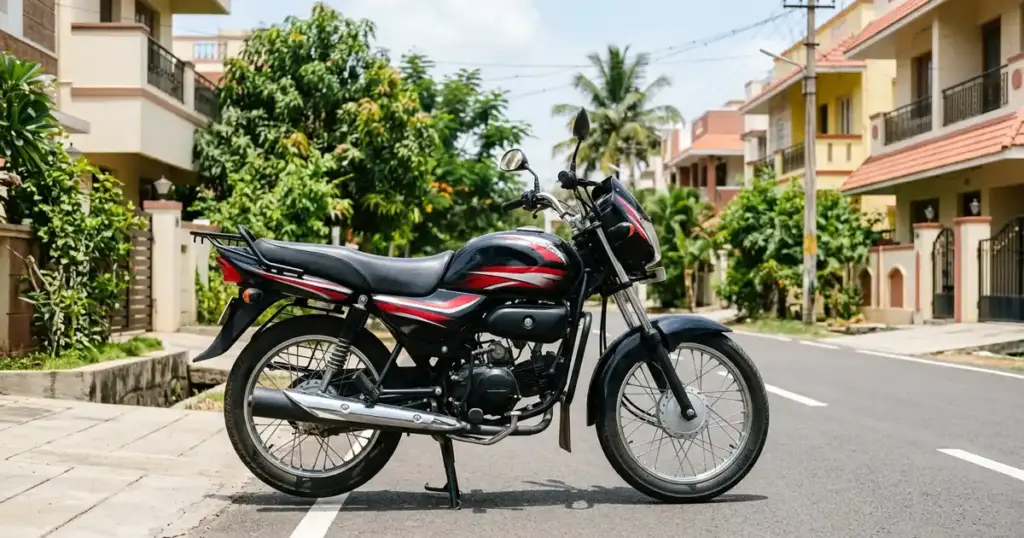Hero HF Deluxe কালো ও লাল রঙের বাইক ভারতীয় রাস্তায় পার্ক করা