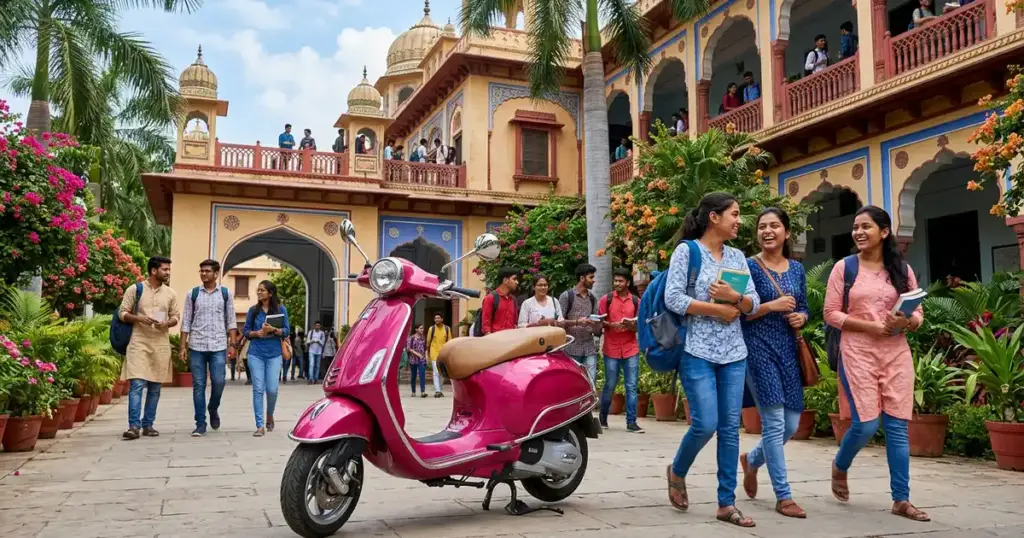 Hero Pleasure Plus XTEC গোলাপি স্কুটার ভারতীয় কলেজের সামনে