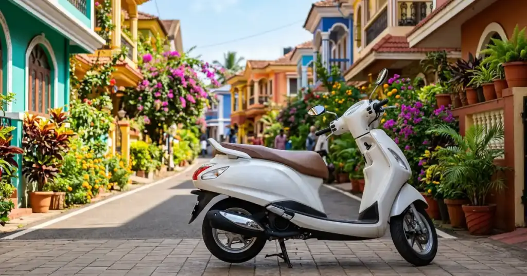 সাদা রঙের Honda স্কুটার রঙিন ভারতীয় রাস্তায় পার্ক করা