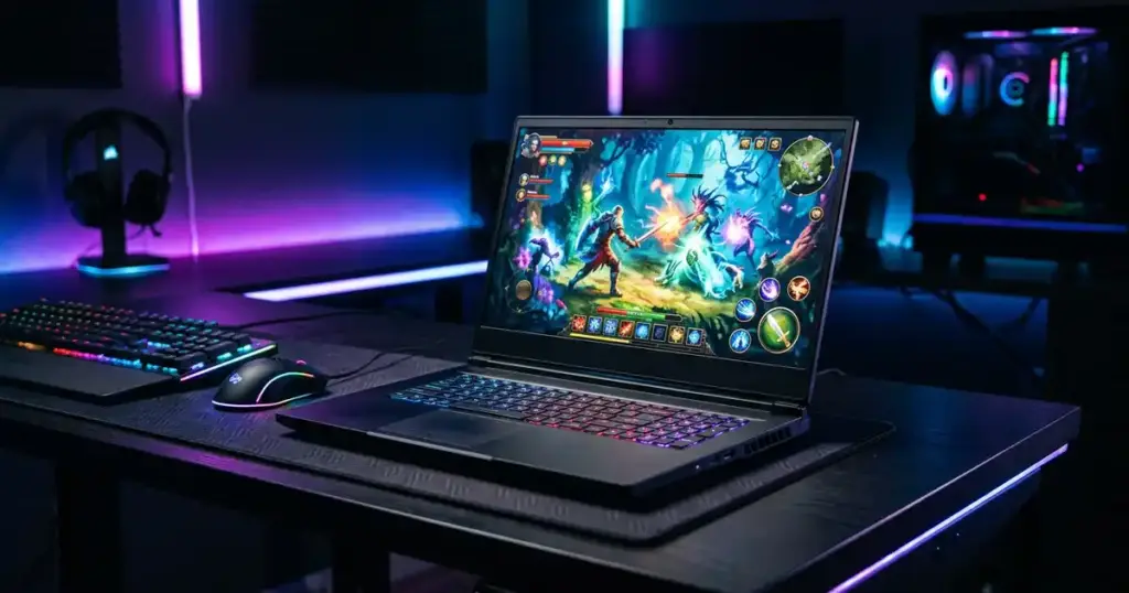 Honor Win H9 গেমিং ল্যাপটপ RGB লাইটিং সহ ডেস্কে রাখা