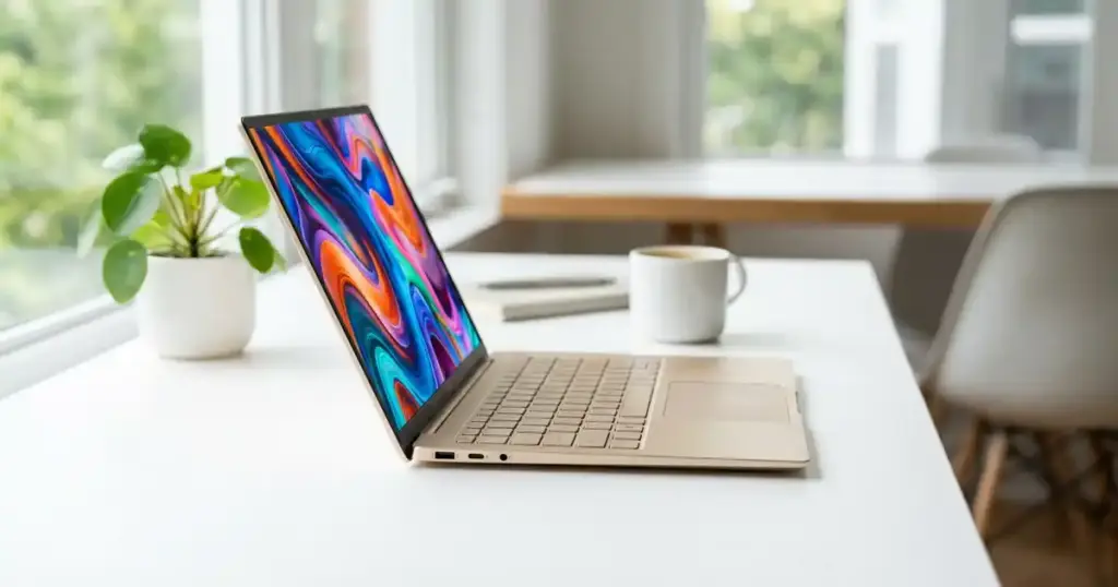 Huawei MateBook 14 OLED ল্যাপটপ গোল্ড কালারে মিনিমালিস্ট ডেস্কে রাখা