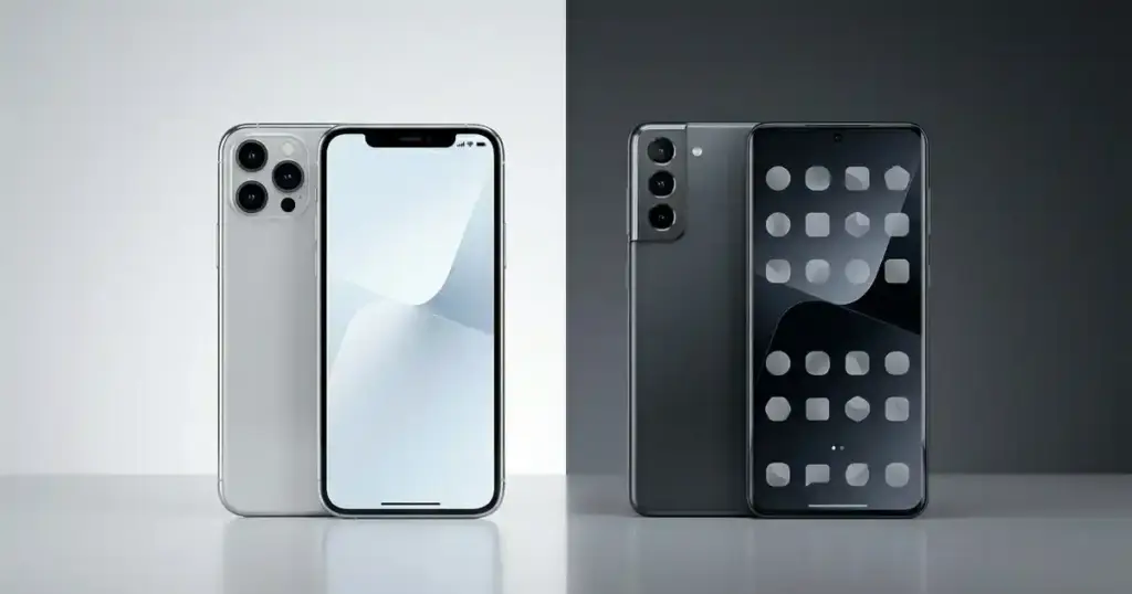 iPhone ও Android ফ্ল্যাগশিপ পাশাপাশি তুলনা — সাদা ও কালো পটভূমিতে দুটি স্মার্টফোন