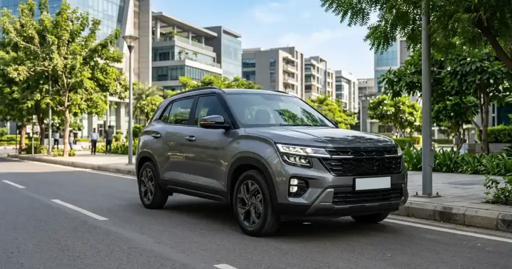 Kia Syros 2026 ধূসর রঙের কমপ্যাক্ট SUV ভারতীয় শহরের রাস্তায়