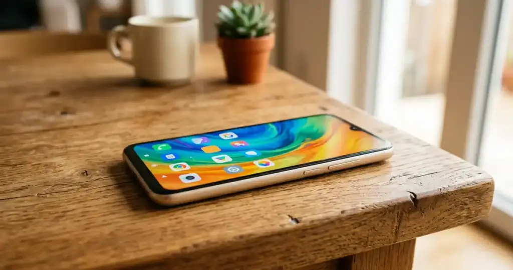 Lava Bold N1 5G গোল্ড কালার স্মার্টফোন টেবিলে রাখা