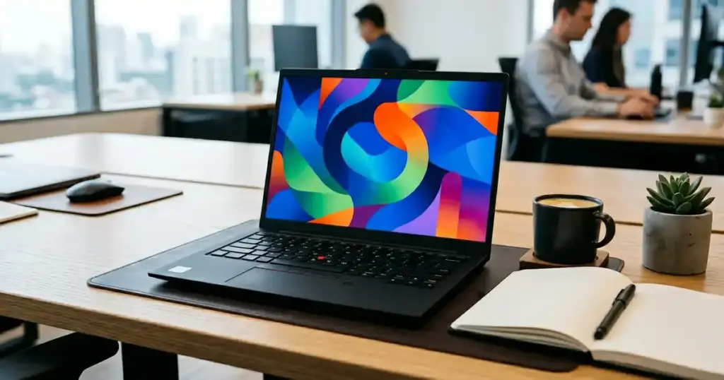 Lenovo ThinkPad T14 Gen 7 ল্যাপটপ অফিসের ডেস্কে রঙিন OLED ডিসপ্লে দেখাচ্ছে