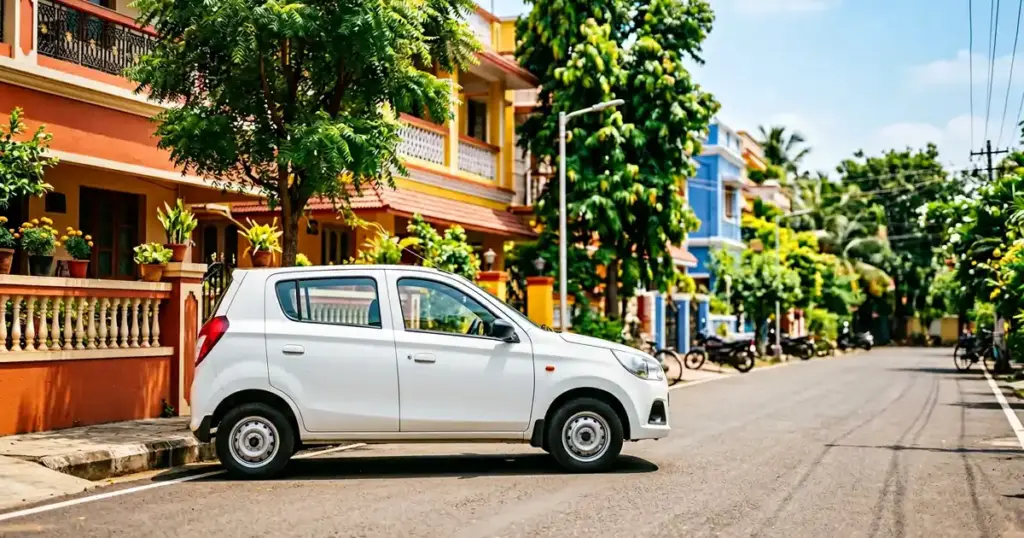 Maruti Suzuki Alto K10 সাদা রঙের ছোট গাড়ি ভারতীয় আবাসিক রাস্তায় পার্ক করা