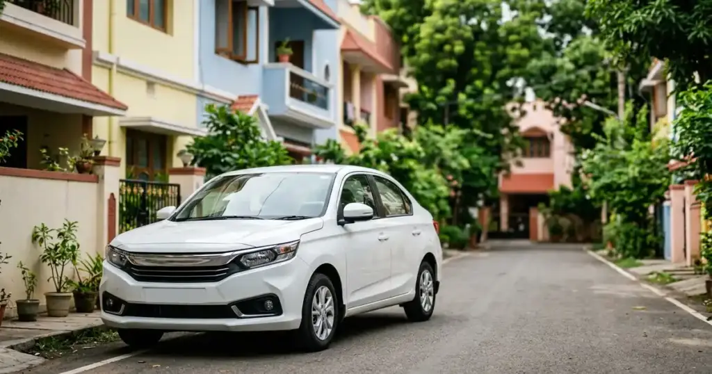 সাদা Maruti Dzire সেডান গাড়ি ভারতীয় শহরতলির রাস্তায় পার্ক করা