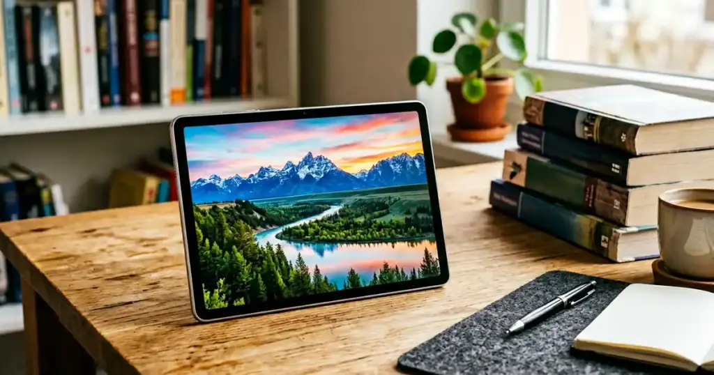 Redmi Pad 2 SE ট্যাবলেট ল্যান্ডস্কেপ ওয়ালপেপার সহ কাঠের ডেস্কে, পাশে বই ও নোটবুক