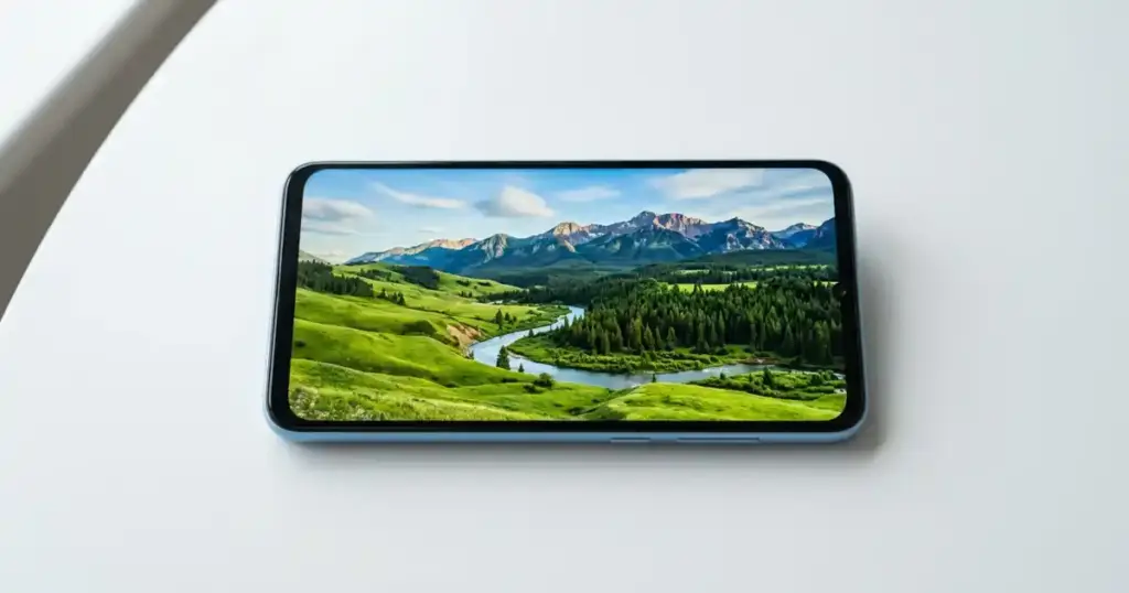 Vivo Y6 5G হালকা নীল রঙের স্মার্টফোন সাদা টেবিলে ল্যান্ডস্কেপ ওয়ালপেপার দেখাচ্ছে