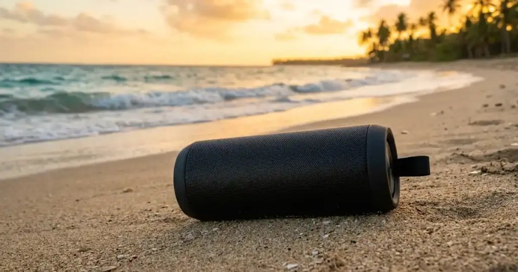 কালো Xiaomi Sound Party পোর্টেবল ব্লুটুথ স্পিকার সমুদ্র সৈকতের বালিতে সূর্যাস্তের আলোতে