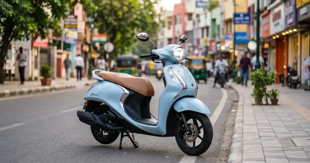 Yamaha Fascino 125 Fi Hybrid 2026 স্কুটার হালকা নীল রঙে ভারতীয় শহরের রাস্তায় পার্ক করা