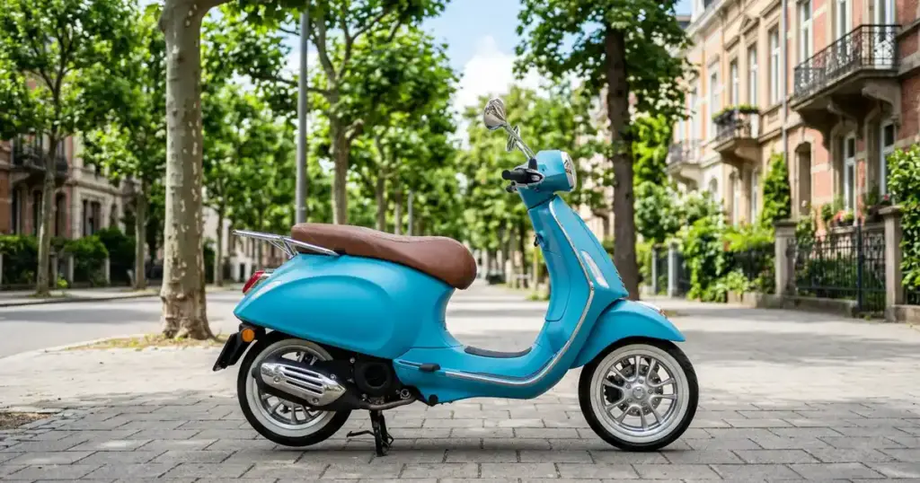 Yamaha Fascino 125 সায়ান ব্লু স্কুটার রাস্তায় পার্ক করা