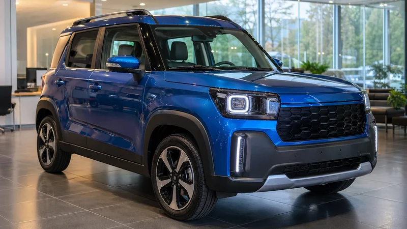 Maruti Fronx — মেটালিক ব্লু রঙের কমপ্যাক্ট SUV শোরুম ফ্লোরে স্টুডিও আলোয় তিন-চতুর্থাংশ ফ্রন্ট ভিউ