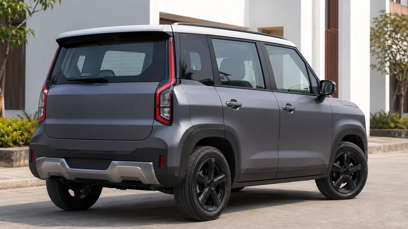 Tata Punch — কসমিক গ্রে রঙের বক্সি মাইক্রো SUV সাদা ছাদের সঙ্গে রিয়ার থ্রি-কোয়ার্টার ভিউ