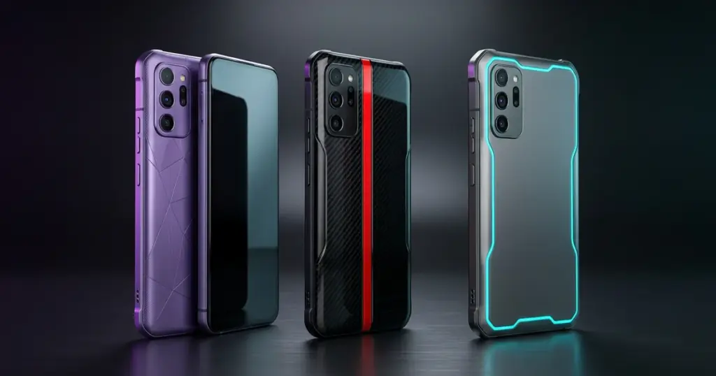 OnePlus Ace 6 Ultra vs iQOO Neo 11 vs Redmi K90 Ultra তিন ২০২৬-এর গেমিং ফ্ল্যাগশিপের তুলনা — গাঢ় চারকোল-কালো গ্রেডিয়েন্ট স্টুডিও ব্যাকগ্রাউন্ডে পাশাপাশি দাঁড়ানো ম্যাট পার্পল মেটালিক, গ্লসি কার্বন-ফাইবার ব্ল্যাক রেড অ্যাকসেন্ট ও গানমেটাল গ্রে সিয়ান-গ্লোয়িং এজ ফোন; গেমিং অ্যাসথেটিকের সিনেম্যাটিক রিম লাইটিং, ১৬৫Hz ডিসপ্লে ও ৮,০০০mAh+ ব্যাটারির ফ্ল্যাগশিপ ত্রয়ী