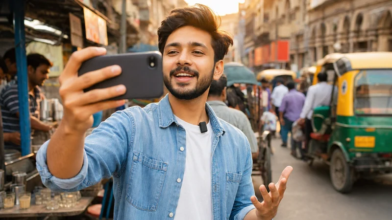 ভারতীয় কনটেন্ট ক্রিয়েটর কলকাতা/মুম্বইয়ের রাস্তায় wireless lavalier মাইক ব্যবহার করে vlog তৈরি করছেন