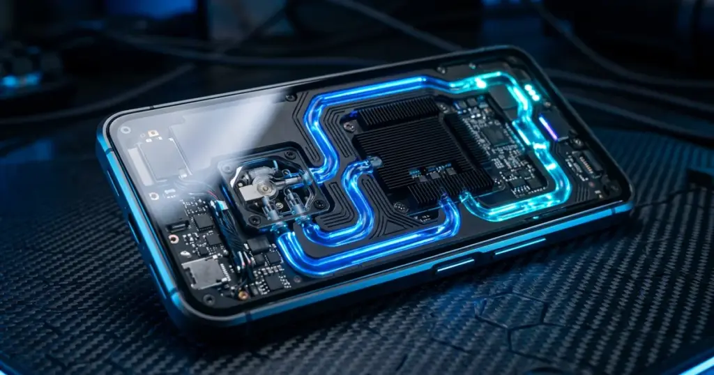 Infinix GT 50 Pro HydroFlow Liquid Cooling Pipeline Window—গেমিং স্মার্টফোনের ভেতরে গ্লোয়িং ব্লু কুল্যান্ট পাইপলাইন