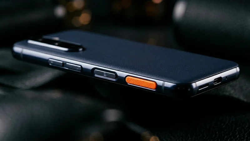 Infinix HOT 70 4G-এর ডান পাশের ফ্রেমে পাওয়ার বাটনের নিচে অরেঞ্জ কাস্টম ফাংশন বাটন, USB Type-C পোর্ট দৃশ্যমান