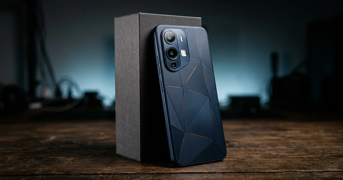 Infinix HOT 70 4G রিয়েল ফটো লিক—জেনেরিক প্যাটার্নড নেভি ব্লু ব্যাক, পিল-শেপ ক্যামেরা মডিউল ও রিটেইল বক্সের পাশে রাখা