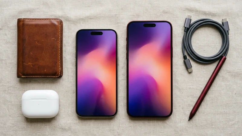 iPhone 18 Pro ও iPhone 18 Pro Max পাশাপাশি ফ্ল্যাট-লে — বাদামি লেদার মানিব্যাগ, সাদা ওয়্যারলেস ইয়ারবাড কেস, USB-C কেবল ও স্টাইলাস পেন; ছোট পিল-আকৃতির Dynamic Island দৃশ্যমান