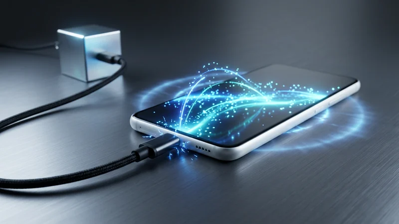 iQOO Neo 10 Pearl White ভ্যারিয়েন্ট 120W FlashCharge ফাস্ট চার্জিং ভিজ্যুয়ালাইজেশন — ম্যাট হোয়াইট ব্যাক প্যানেলে কালো USB-C কেবল প্লাগড, ইলেকট্রিক ব্লু এনার্জি পার্টিকেল ও গ্লোয়িং চার্জিং ইফেক্ট, ২৫ মিনিটে ০-১০০% সম্পূর্ণ চার্জ