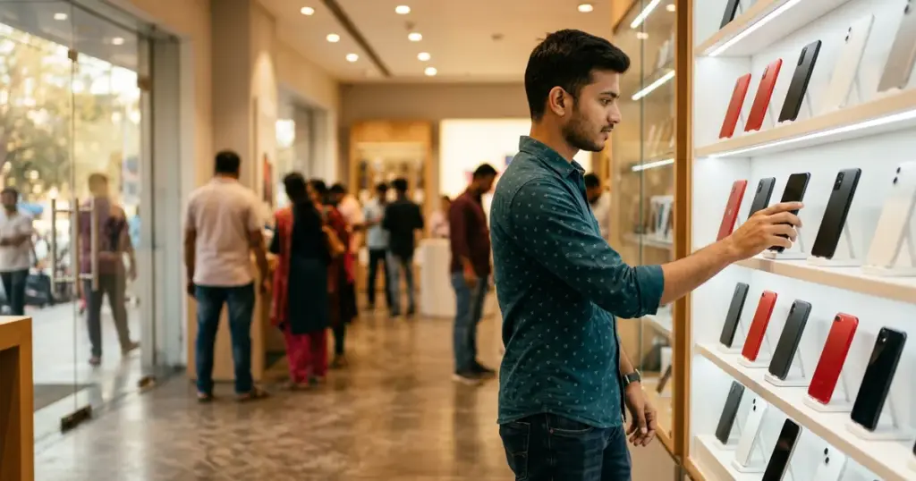 ভারতীয় স্মার্টফোন রিটেল স্টোরে যুবক ক্রেতা, একাধিক রঙের ফোন ডিসপ্লে, iQOO Neo 11 ভারতে স্কিপ Neo 10 নতুন কালার ভ্যারিয়েন্ট ২০২৬