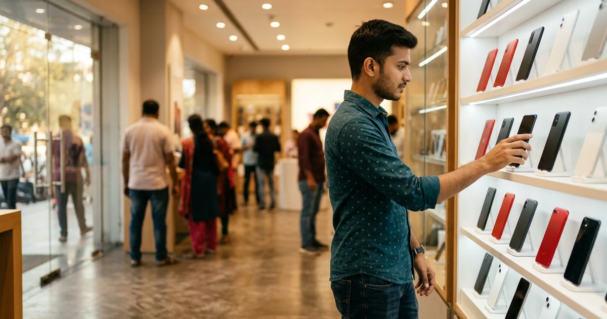 ভারতীয় স্মার্টফোন রিটেল স্টোরে এক যুবক ক্রেতা একাধিক রঙের আনব্র্যান্ডেড স্মার্টফোনের ডিসপ্লে ওয়াল দেখছেন — লাল, কালো, সাদা, সিলভার — সফট ওয়ার্ম স্টোর লাইট, পেছনে ঝাপসা অন্য ক্রেতা, iQOO Neo 11 ভারতে স্কিপ Neo 10 নতুন কালার ভ্যারিয়েন্ট ২০২৬