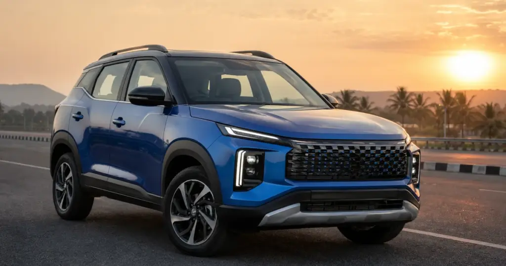2026 Maruti Brezza Facelift — মেটালিক ব্লু রঙের কমপ্যাক্ট SUV ভারতীয় হাইওয়েতে গোল্ডেন আওয়ার সূর্যাস্তের সময় ফ্রন্ট থ্রি-কোয়ার্টার ভিউ