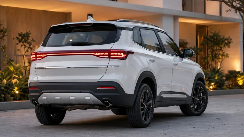 2026 Brezza Facelift রিয়ার — কানেক্টেড LED টেইল-ল্যাম্প বার, রিডিজাইন স্পয়লার ও ফক্স স্কিড-প্লেট সহ থ্রি-কোয়ার্টার রিয়ার ভিউ