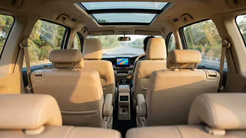 Maruti Ertiga Facelift ২০২৬ — তিন-সারি ৭ সিটার MPV-র ভেতরের সম্পূর্ণ কেবিন ভিউ, ক্যাপ্টেন সিট, ১০.২৫-ইঞ্চ টাচস্ক্রিন, প্যানোরামিক সানরুফ, বেইজ লেদারেট ইন্টিরিয়র ও তৃতীয় সারির আরামদায়ক বসার ব্যবস্থা