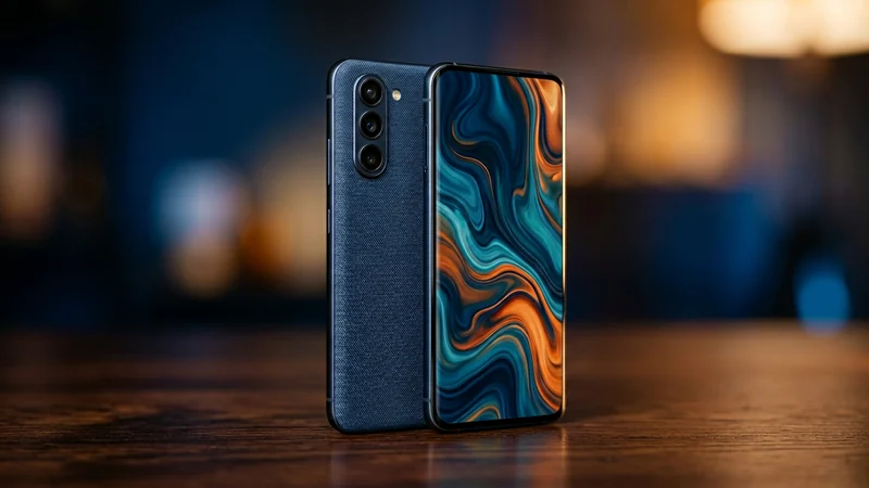 মিড-রেঞ্জ Motorola স্মার্টফোন কাঠের ডেস্কে — গাঢ় নেভি ফ্যাব্রিক-টেক্সচার্ড ব্যাক প্যানেল, কার্ভড AMOLED ডিসপ্লেতে অ্যাবস্ট্র্যাক্ট লিকুইড আর্ট ওয়ালপেপার, ট্রিপল রিয়ার ক্যামেরা