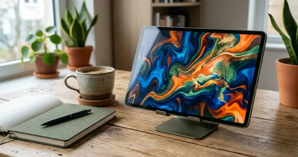 Moto Pad 2026 ট্যাবলেট ব্রোঞ্জ গ্রিন রঙে ডেস্কে রাখা