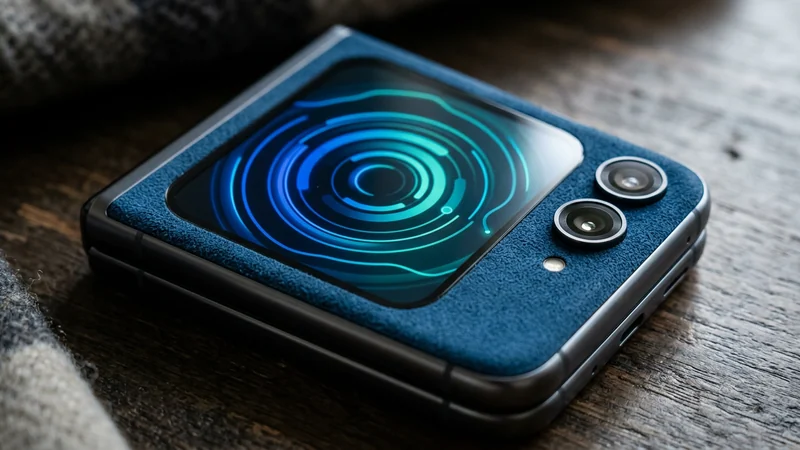 Motorola Razr 2026 ফ্লিপ ফোল্ডেবল ফোন বন্ধ অবস্থায় — পেছনের ৩.৬ ইঞ্চি AMOLED কভার ডিসপ্লেতে অ্যাবস্ট্রাক্ট নীল গজ় উইজেট, পাশে অরিয়েন্ট ব্লু আলকান্তারা সুয়েদ ফ্যাব্রিক টেক্সচার ও দু-টি ক্যামেরা লেন্স