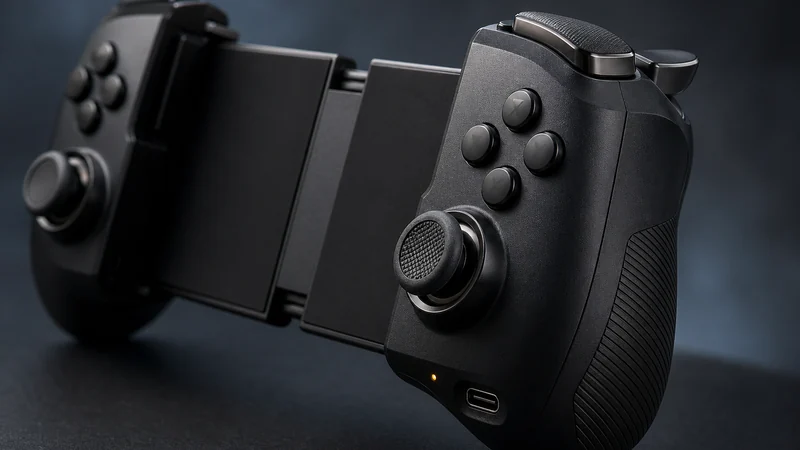 OnePlus Gun God গেমিং কন্ট্রোলার ম্যাক্রো ক্লোজ-আপ — ডুয়াল অ্যানালগ থাম্বস্টিক, মেকানিক্যাল বাটন ও USB-C পোর্ট