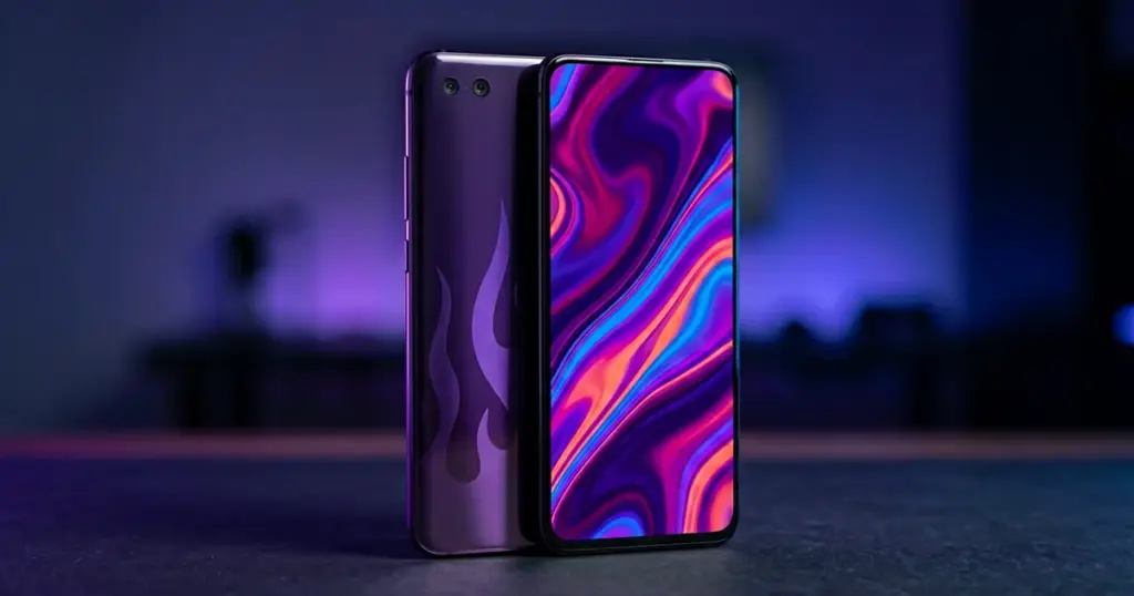 OnePlus Ace 6 Ultra Ace Awakening পার্পল ফ্লেম এডিশন — মেটালিক ফ্লেম-প্যাটার্ন ব্যাক প্যানেল, ১৬৫Hz AMOLED ডিসপ্লেতে অ্যাবস্ট্র্যাক্ট লিকুইড আর্ট ওয়ালপেপার, প্রিমিয়াম গেমিং ফোন ২০২৬